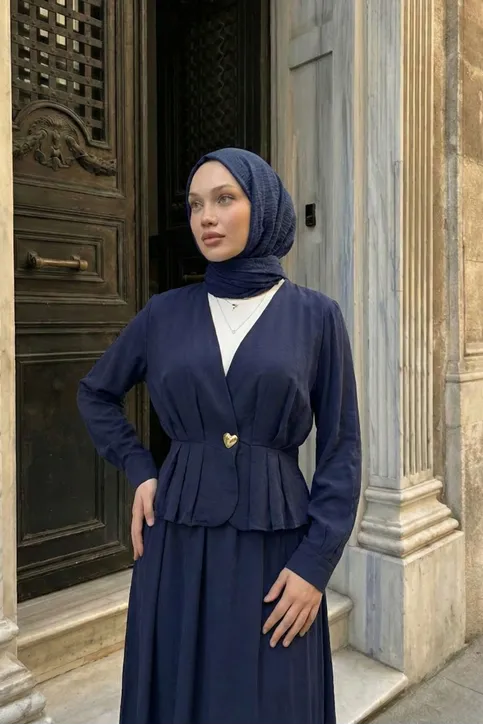 Kadın Lacivert Modal Kumaş Peplum Ceketli Etekli İkili Takım Tesettür Etek Ceket Takım