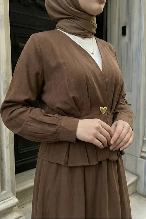 Kadın Kahve Modal Kumaş Peplum Ceketli Etekli İkili Takım Tesettür Etek Ceket Takım