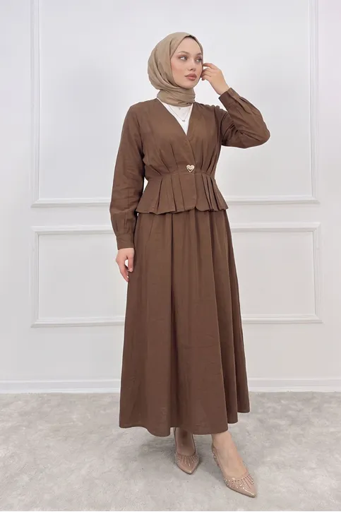 Kadın Kahve Modal Kumaş Peplum Ceketli Etekli İkili Takım Tesettür Etek Ceket Takım