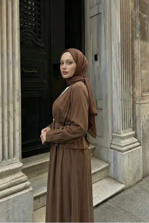 Kadın Kahve Modal Kumaş Peplum Ceketli Etekli İkili Takım Tesettür Etek Ceket Takım