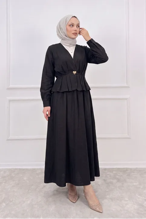 Kadın Siyah Modal Kumaş Peplum Ceketli Etekli İkili Takım Tesettür Etek Ceket Takım