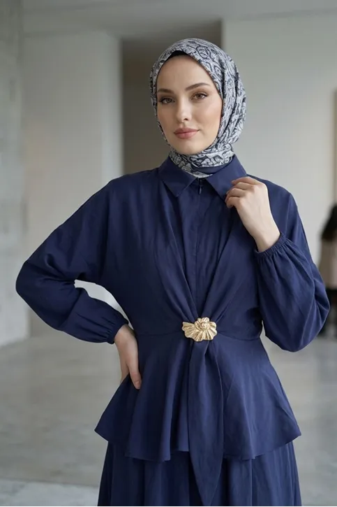 Kadın Lacivert Gömlek Yaka Gizli Fermuarlı Cupro Kumaş Tunik Etek Takım Trend Tesettür Giyim Tesettür Takım