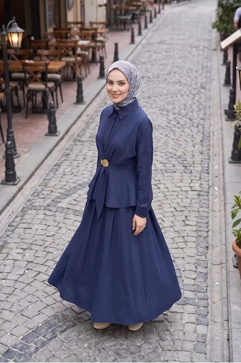 Kadın Lacivert Gömlek Yaka Gizli Fermuarlı Cupro Kumaş Tunik Etek Takım Trend Tesettür Giyim Tesettür Takım