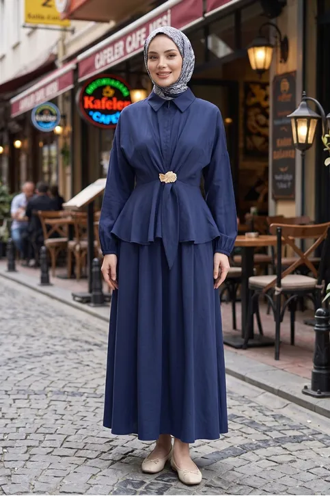 Kadın Lacivert Gömlek Yaka Gizli Fermuarlı Cupro Kumaş Tunik Etek Takım Trend Tesettür Giyim Tesettür Takım