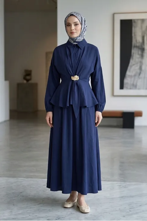 Kadın Lacivert Gömlek Yaka Gizli Fermuarlı Cupro Kumaş Tunik Etek Takım Trend Tesettür Giyim Tesettür Takım