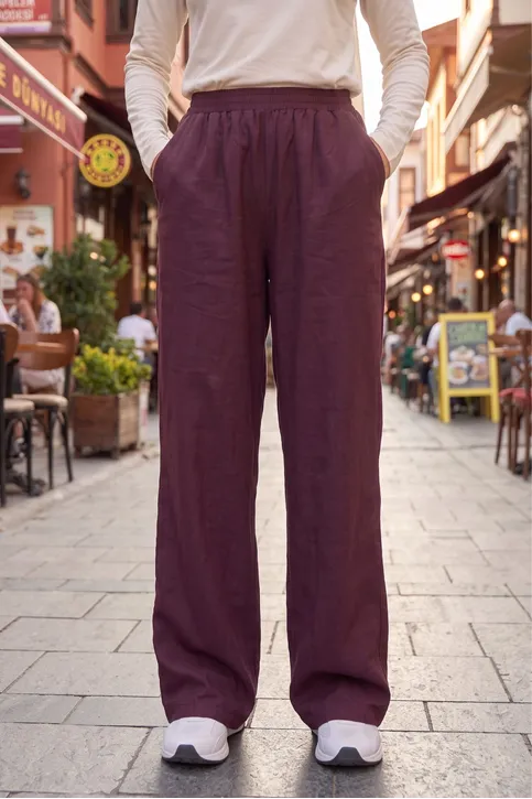 Kadın Bordo Cepli İnce Kot Kumaş Yıkamalı Tesettür Pantolon