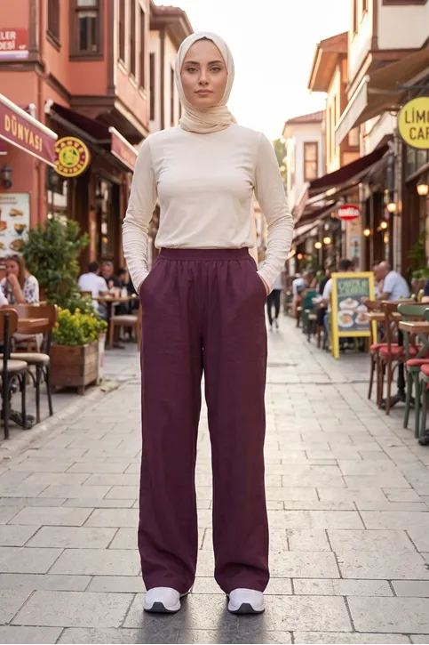 Kadın Bordo Cepli İnce Kot Kumaş Yıkamalı Tesettür Pantolon