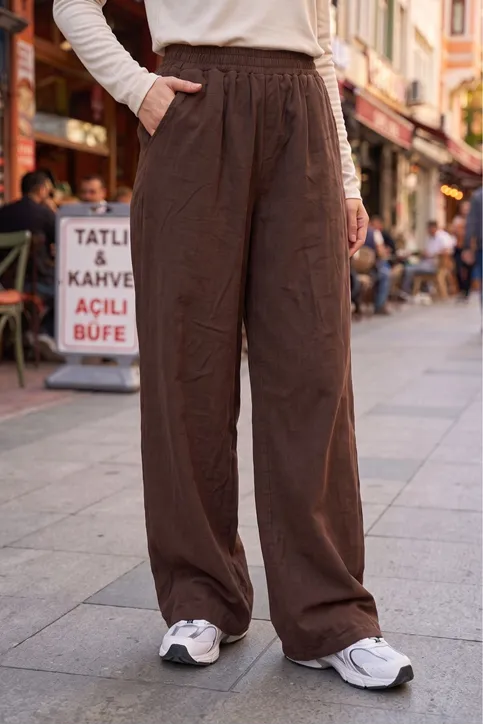 Kadın Kahve Cepli İnce Kot Kumaş Yıkamalı Tesettür Pantolon