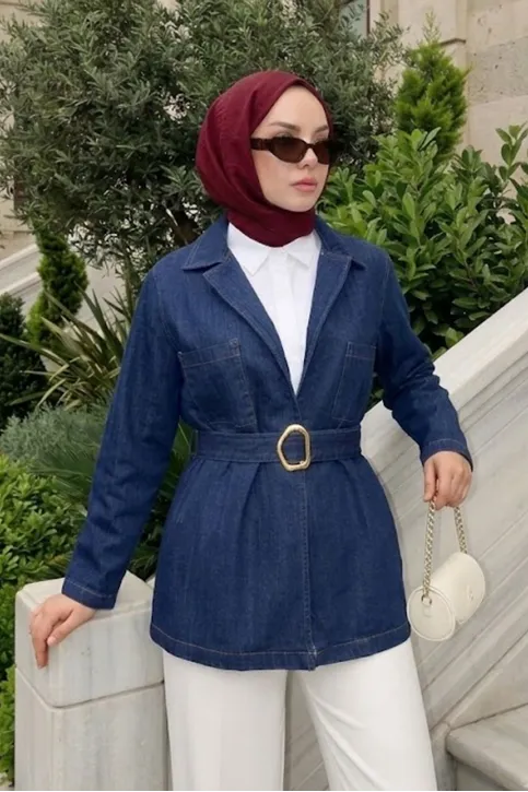 Kadın Cep Detaylı Kuşaklı Tesettür Kot Ceket