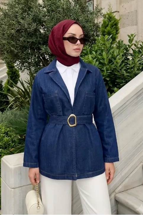 Kadın Cep Detaylı Kuşaklı Tesettür Kot Ceket