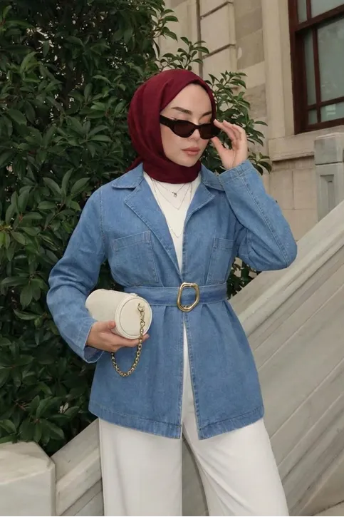 Kadın Cep Detaylı Kuşaklı Tesettür Kot Ceket