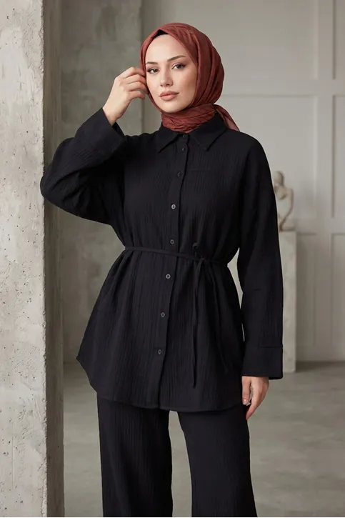 Kadın Bağcıklı Müslin Kumaş Yazlık Tesettür Siyah Pantolonlu Tunik Takım