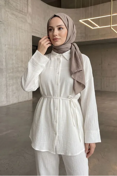 Kadın Bağcıklı Müslin Kumaş Yazlık Tesettür Ekru Pantolonlu Tunik Takım