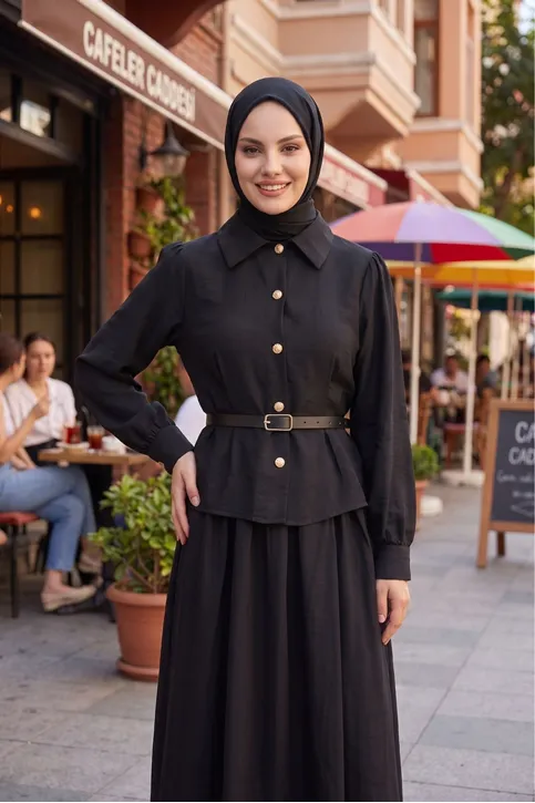 Kadın Siyah Kemerli Modal Kumaş Tesettür Takım Etek Gömlek Tunik Kombin