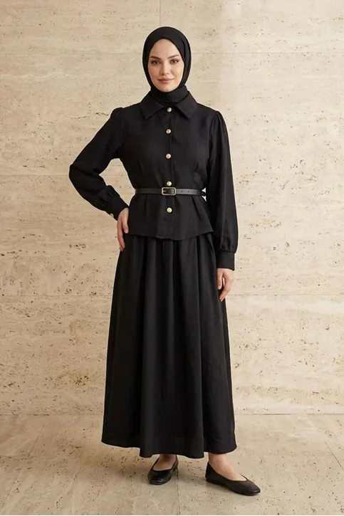 Kadın Siyah Kemerli Modal Kumaş Tesettür Takım Etek Gömlek Tunik Kombin