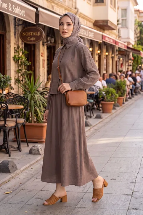 Kadın Müslin Kumaş Gömlek Tunik Etekli Tesettür Takım