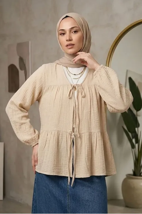 Önü Bağlamalı Kimono Tesettür Tunik Bej Oversize Yeni Sezon Rahat Kalıp Önü Baglamalı Tesettür Tunik