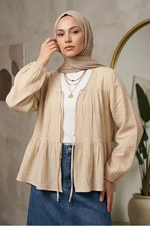 Önü Bağlamalı Kimono Tesettür Tunik Bej Oversize Yeni Sezon Rahat Kalıp Önü Baglamalı Tesettür Tunik