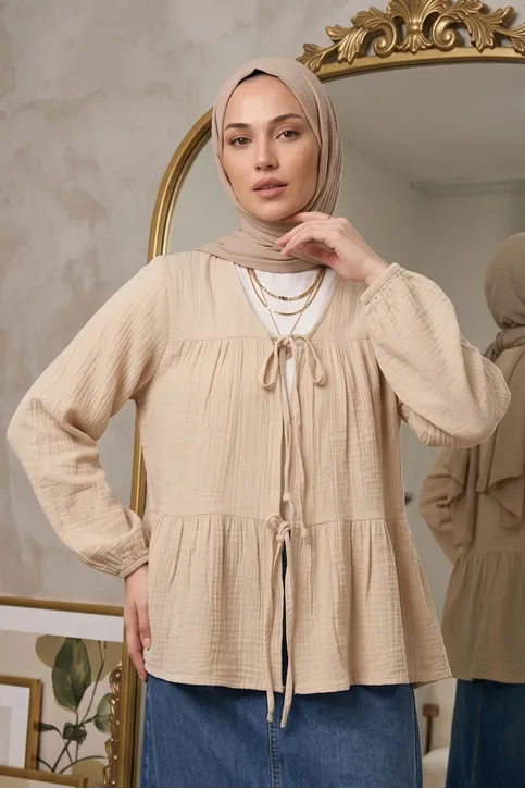 Önü Bağlamalı Kimono Tesettür Tunik Bej Oversize Yeni Sezon Rahat Kalıp Önü Baglamalı Tesettür Tunik