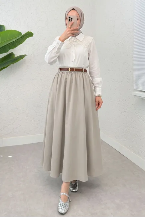 Kadın Kemerli Soft Büzgülü Bel Lastikli Bej Tesettür Uzun Etek