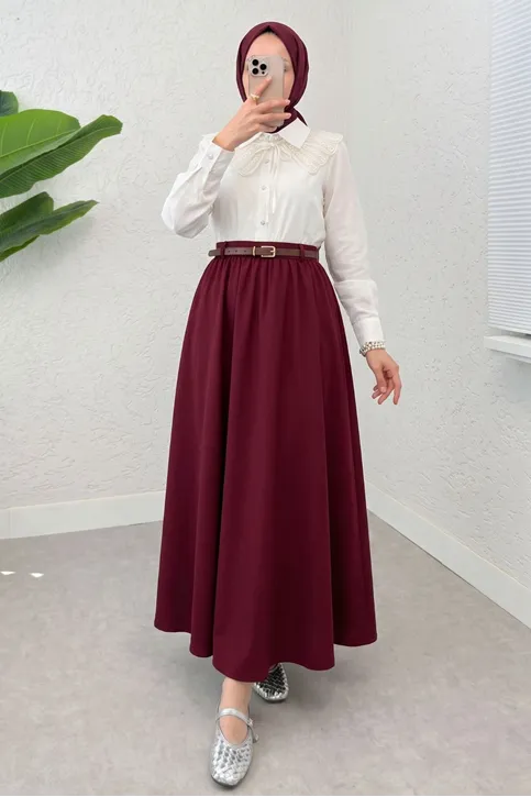 Kadın Kemerli Soft Büzgülü Bel Lastikli Bordo Tesettür Uzun Etek