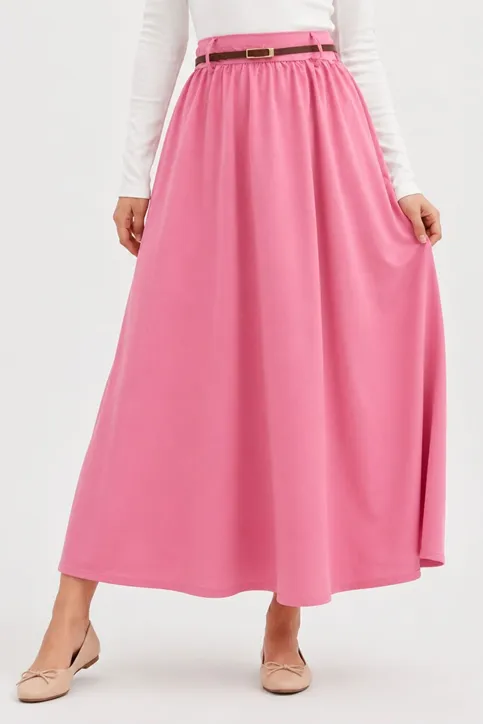 Kadın Kemerli Soft Büzgülü Bel Lastikli Pembe Tesettür Uzun Etek