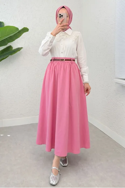 Kadın Kemerli Soft Büzgülü Bel Lastikli Pembe Tesettür Uzun Etek