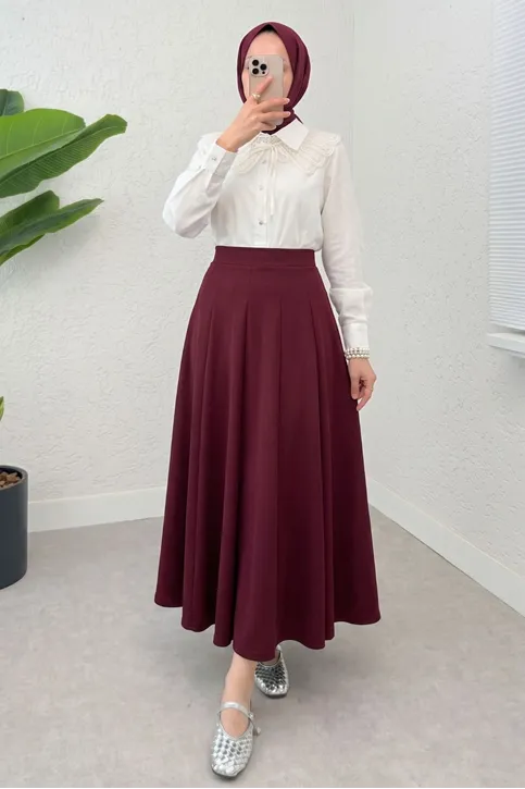 Kadın Çıma Parçalı Kloş Bordo Uzun Tesettür Etek