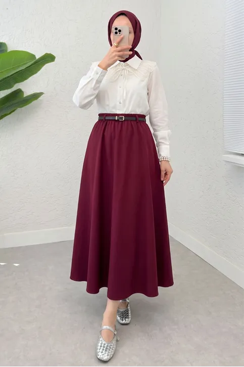 Kadın Beli Lastikli Kemerli Soft Bordo Uzun Tesettür Etek