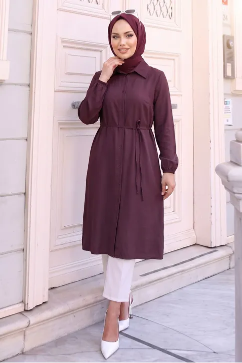 Kadın Tesettür Bordo Tensel Kumaş Gömlek Tunik Beli Kuşaklı Boydan Düğmeli Trend Tesettür Uzun Tunik