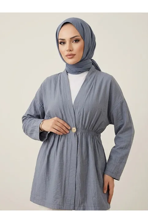 Kadın Düğme Detaylı Beli Lastikli Çilek Kumaş Yazlık İnce Gri Tesettür Hırka Kap 