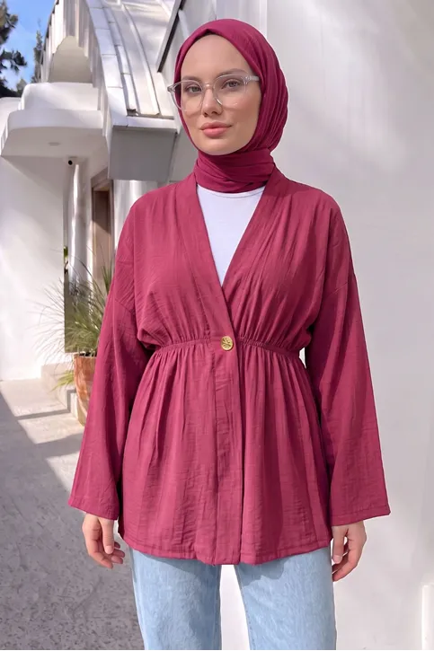 Kadın Düğme Detaylı Beli Lastikli Çilek Kumaş Yazlık İnce Bordo Tesettür Hırka Kap 