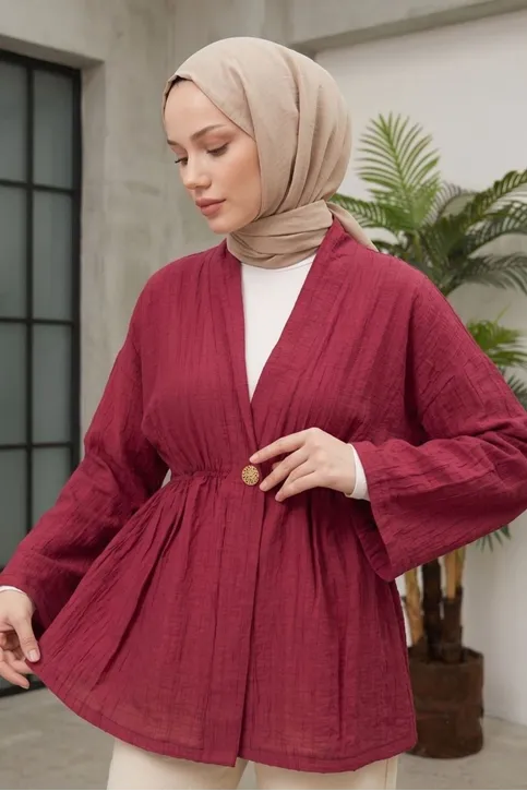 Kadın Düğme Detaylı Beli Lastikli Çilek Kumaş Yazlık İnce Bordo Tesettür Hırka Kap 