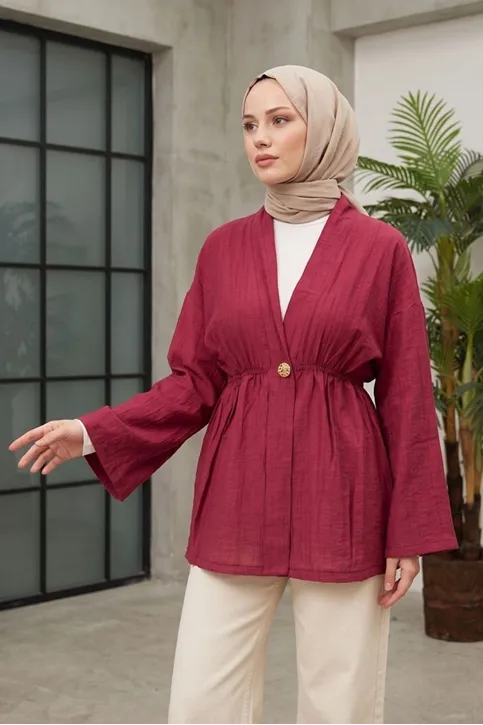 Kadın Düğme Detaylı Beli Lastikli Çilek Kumaş Yazlık İnce Bordo Tesettür Hırka Kap 