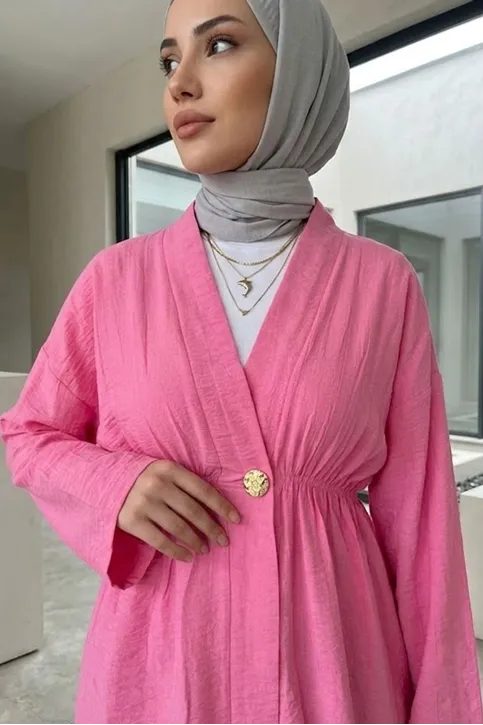 Kadın Düğme Detaylı Beli Lastikli Çilek Kumaş Yazlık İnce Fuşya Tesettür Hırka Kap 