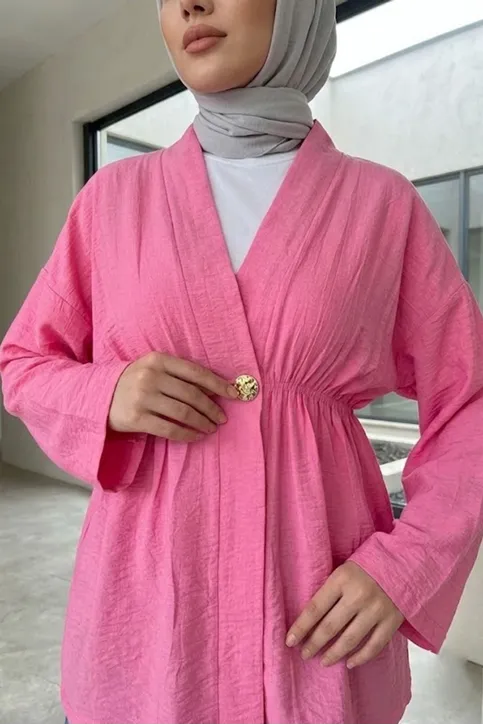 Kadın Düğme Detaylı Beli Lastikli Çilek Kumaş Yazlık İnce Fuşya Tesettür Hırka Kap 