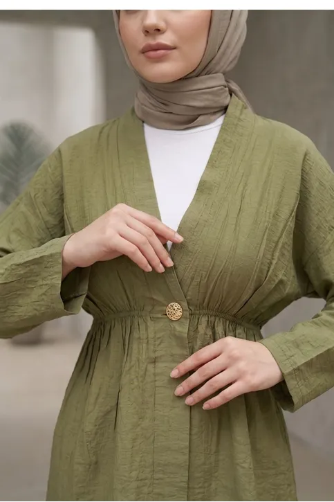 Kadın Düğme Detaylı Beli Lastikli Çilek Kumaş Yazlık İnce Haki Tesettür Hırka Kap 
