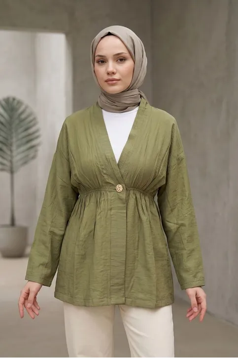 Kadın Düğme Detaylı Beli Lastikli Çilek Kumaş Yazlık İnce Haki Tesettür Hırka Kap 