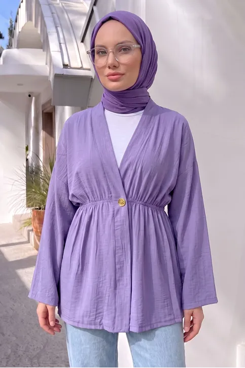 Kadın Düğme Detaylı Beli Lastikli Çilek Kumaş Yazlık İnce Lila Tesettür Hırka Kap 