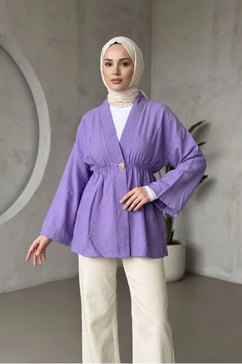 Kadın Düğme Detaylı Beli Lastikli Çilek Kumaş Yazlık İnce Lila Tesettür Hırka Kap 