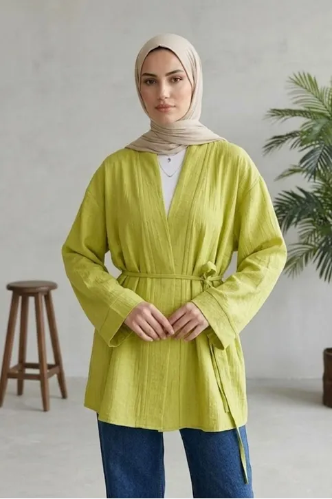 Önü Bağlamalı Kimono Tesettür Tunik Yağ Yeşili Oversize Yeni Sezon Rahat Kalıp Önü Baglamalı Tesettür Tunik