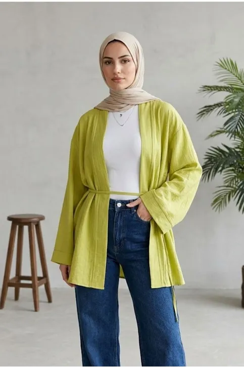 Önü Bağlamalı Kimono Tesettür Tunik Yağ Yeşili Oversize Yeni Sezon Rahat Kalıp Önü Baglamalı Tesettür Tunik