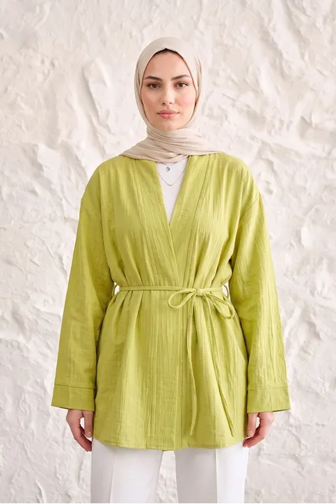 Önü Bağlamalı Kimono Tesettür Tunik Yağ Yeşili Oversize Yeni Sezon Rahat Kalıp Önü Baglamalı Tesettür Tunik