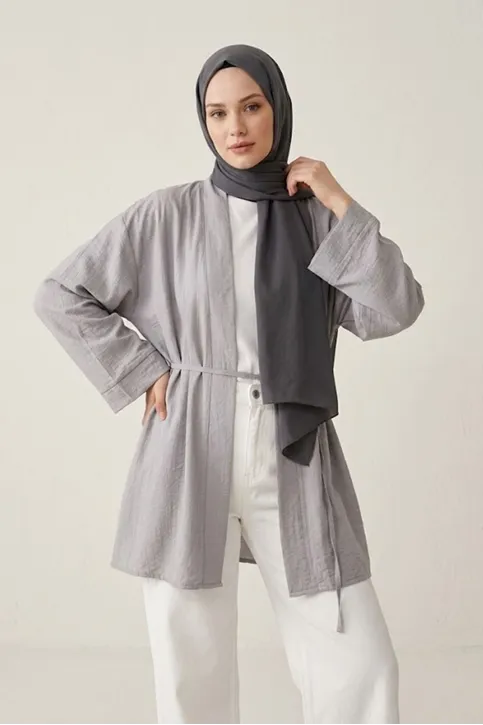 Önü Bağlamalı Kimono Tesettür Tunik Açık Gri Oversize Yeni Sezon Rahat Kalıp Önü Baglamalı Tesettür Tunik