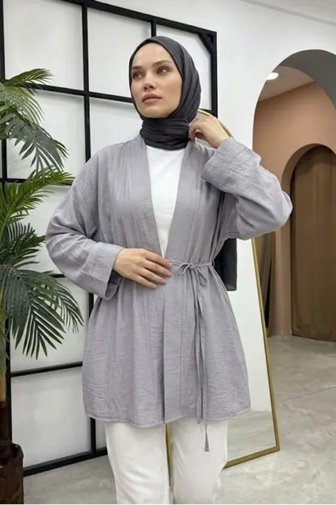 Önü Bağlamalı Kimono Tesettür Tunik Açık Gri Oversize Yeni Sezon Rahat Kalıp Önü Baglamalı Tesettür Tunik