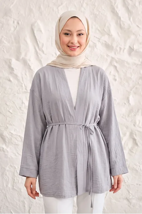Önü Bağlamalı Kimono Tesettür Tunik Açık Gri Oversize Yeni Sezon Rahat Kalıp Önü Baglamalı Tesettür Tunik