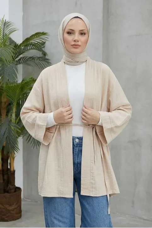 Önü Bağlamalı Kimono Tesettür Tunik Bej Oversize Yeni Sezon Rahat Kalıp Önü Baglamalı Tesettür Tunik