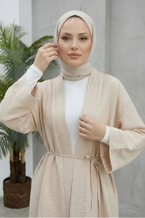 Önü Bağlamalı Kimono Tesettür Tunik Bej Oversize Yeni Sezon Rahat Kalıp Önü Baglamalı Tesettür Tunik