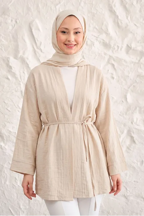 Önü Bağlamalı Kimono Tesettür Tunik Bej Oversize Yeni Sezon Rahat Kalıp Önü Baglamalı Tesettür Tunik