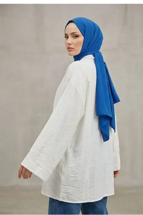 Önü Bağlamalı Kimono Tesettür Tunik Ekru Oversize Yeni Sezon Rahat Kalıp Önü Baglamalı Tesettür Tunik
